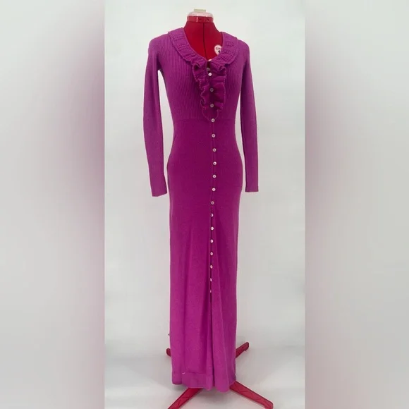 Vintage Dresses | 1970s Raspberry Knit Long Sleeve Fitted Maxi Dress With Ruffled Accents | Color: Pink | Size: Xs | Lucik15's Closet